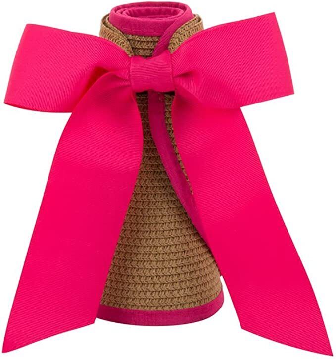 Straw Summer Sun Visor Beach Hat Wide Brim with Bow Adjustable (Pink)