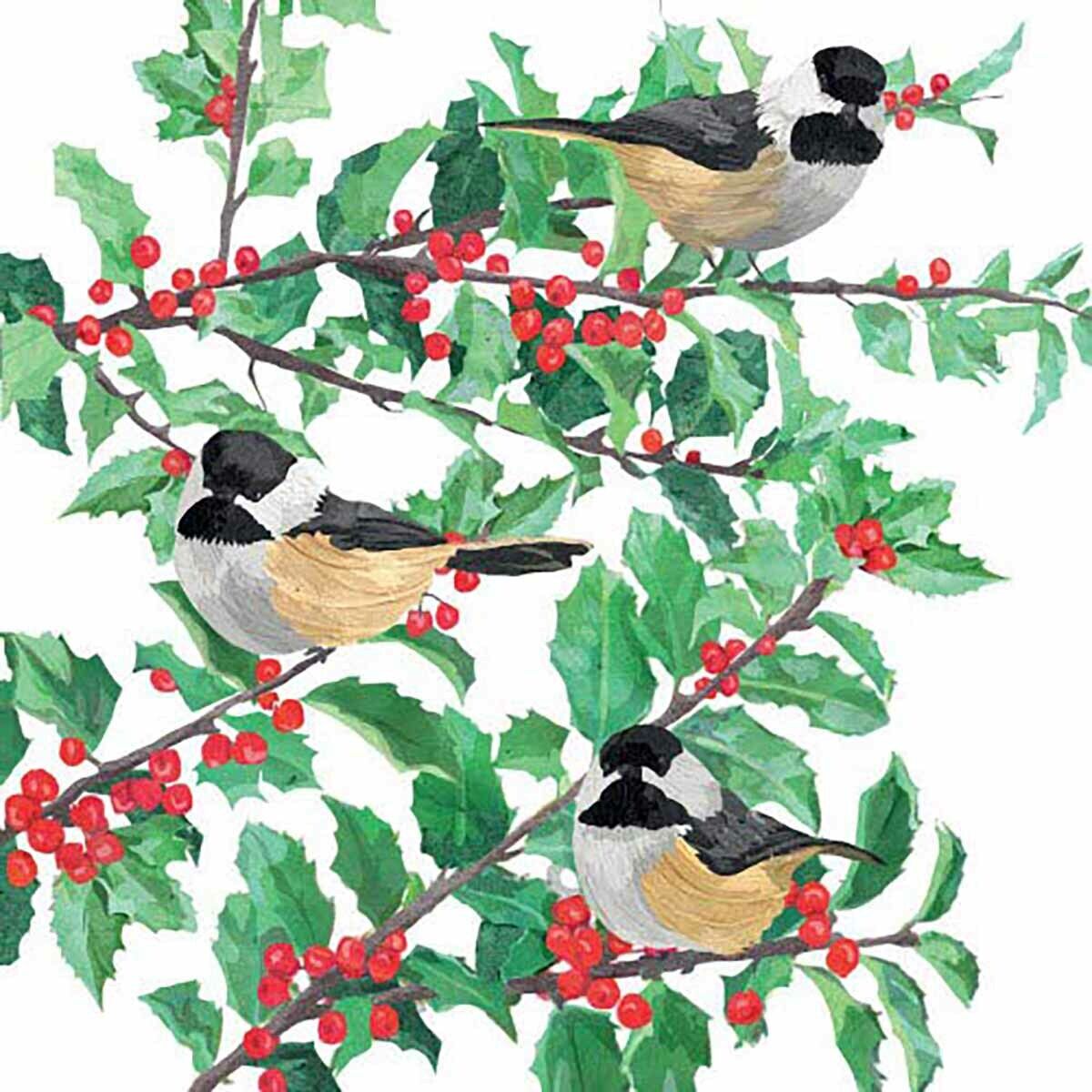 PPD "Yuletide Chickadees, White" Paper Cocktail/Beverage Napkins,