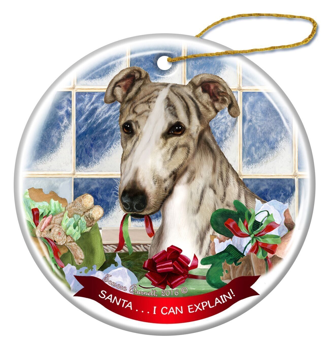 Fawn Brindle Greyhound Dog Porcelain Ornament Pet Gift Santa I Can Explain!