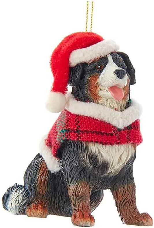 Kurt Adler Bernese Mountain Dog With Plaid Coat & Santa Hat Ornament (D4218GSH)