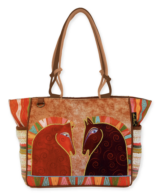 Laurel Burch Rushia & Rusty Horses Medium Tote Bag Handbag, 16" x 6.5" x 10"