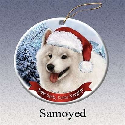 Holiday Pet Gifts Samoyed Santa Hat Dog Porcelain Christmas Tree Ornament