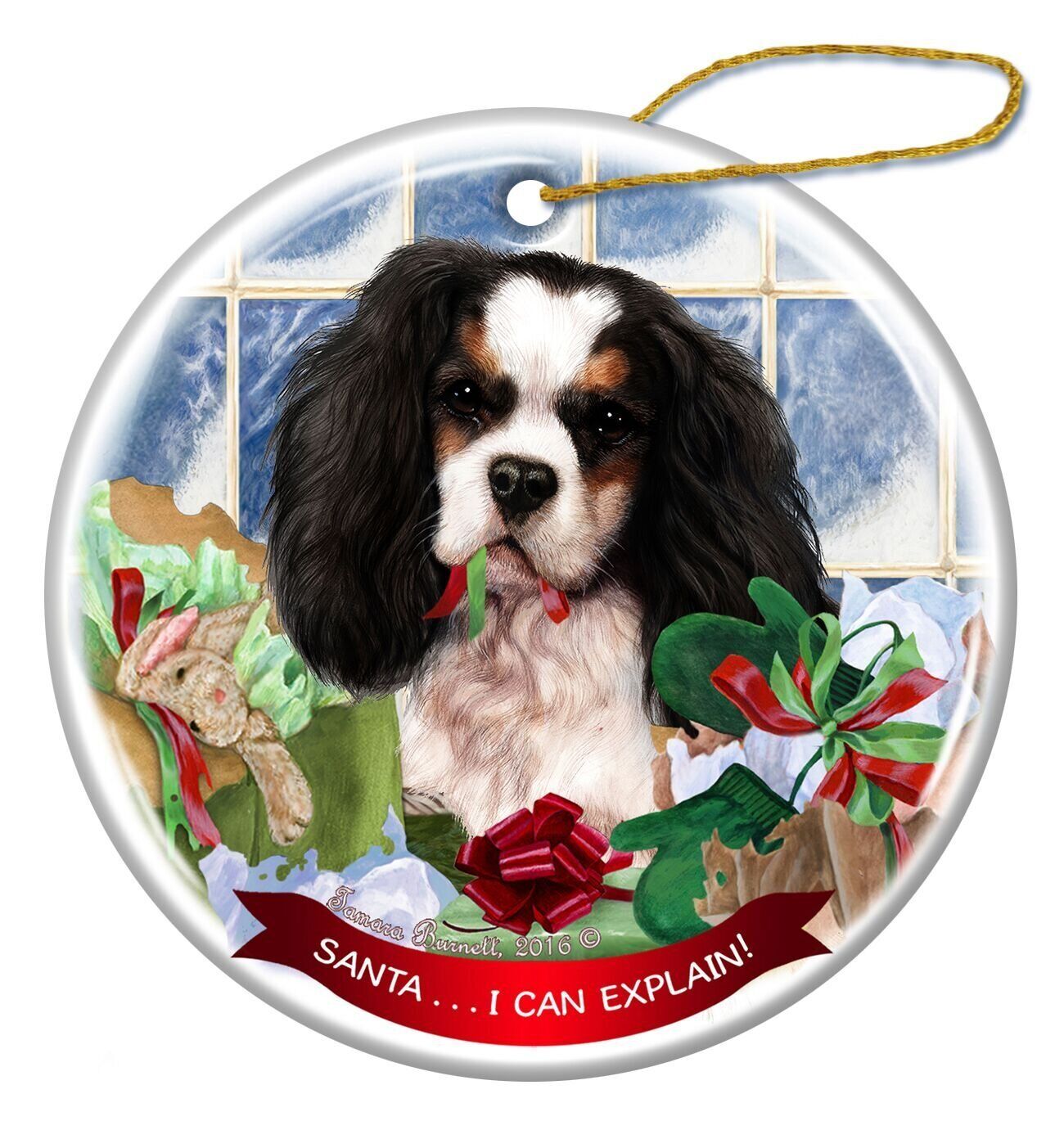 Cavalier King Charles Tricolor Dog Porcelain Ornament Santa I Can Explain!