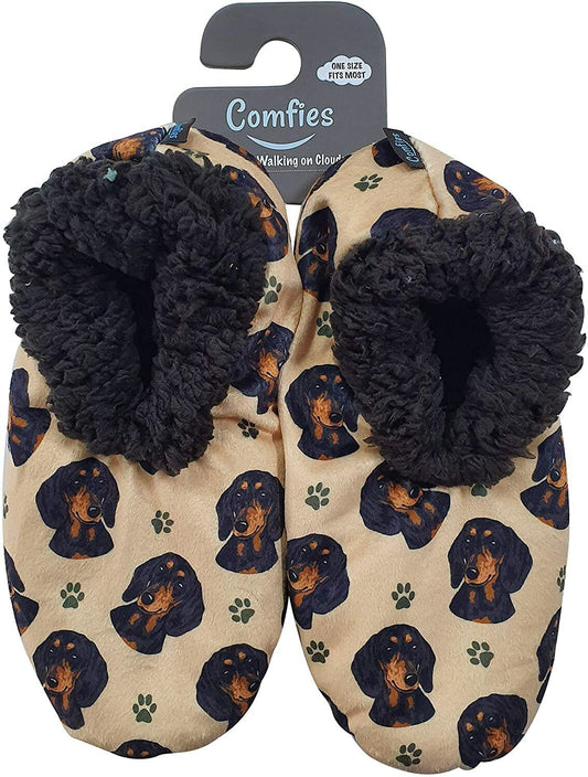 Comfies Womens Black Dachshund Dog Slippers - Sherpa Lined Animal Print Booties