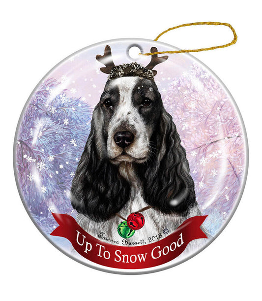 English Cocker Black/White Reindeer Dog Porcelain Christmas Ornament