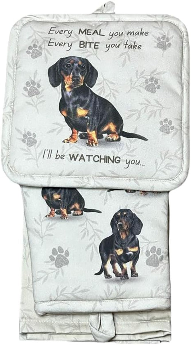 E&S Pets Black Dachshund 3 Piece Kitchen Set -  Oven Mitt, Towel, Pot Holder