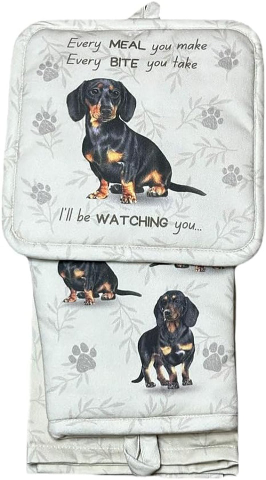 E&S Pets Black Dachshund 3 Piece Kitchen Set -  Oven Mitt, Towel, Pot Holder