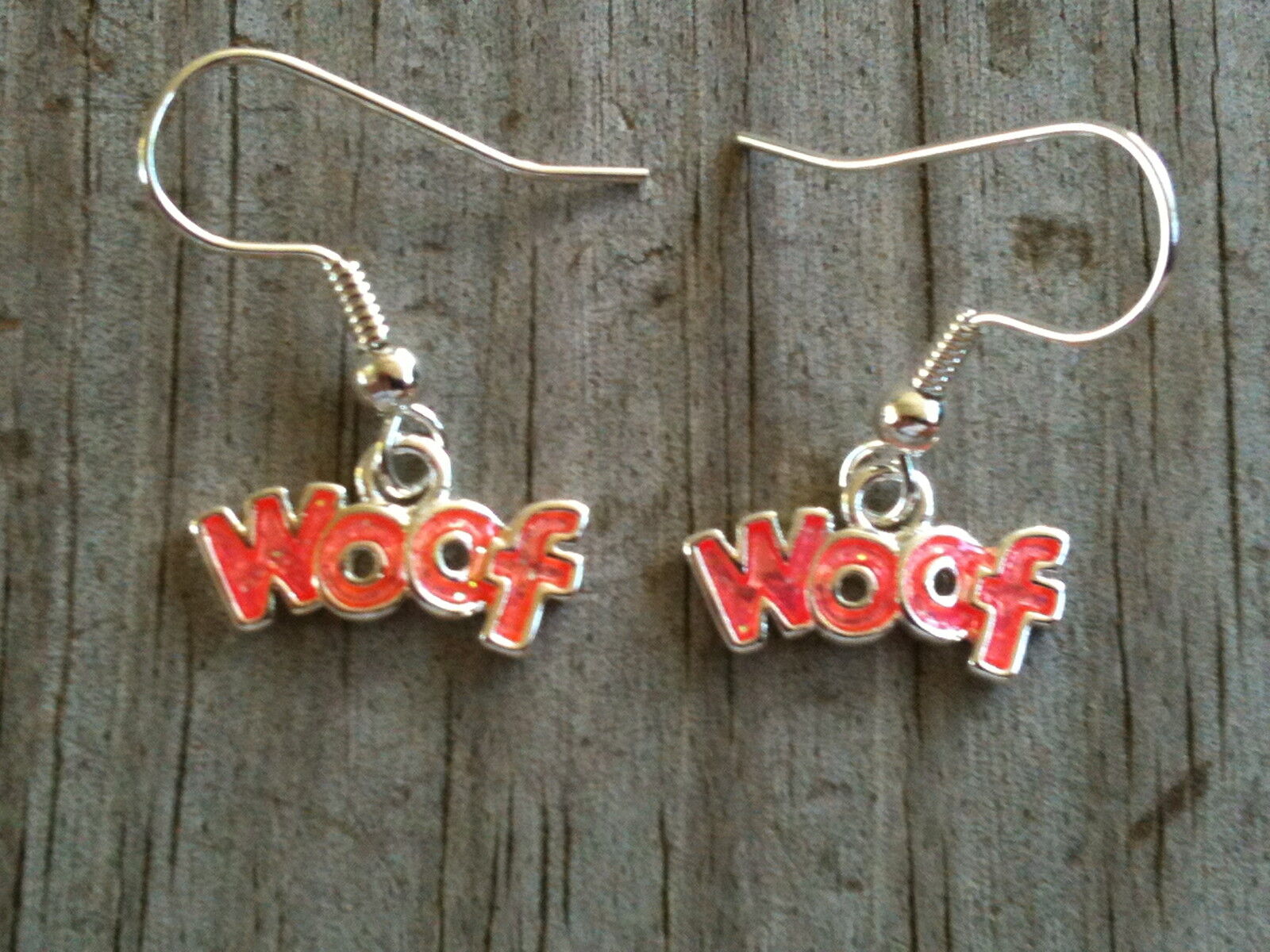Silver Plated "woof" Hot Pinkish Orangish Glittered Dog Hand Enameled Earrings