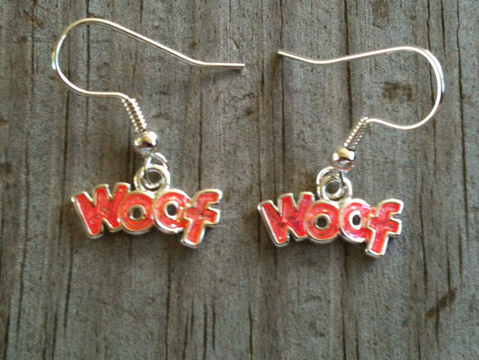 Silver Plated "woof" Hot Pinkish Orangish Glittered Dog Hand Enameled Earrings