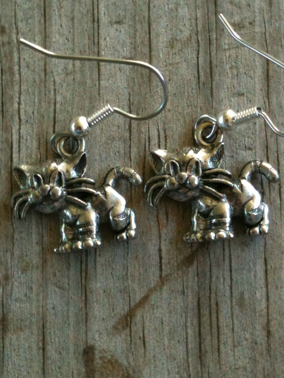 Silver Plated Pewter Cat with Huge Whiskers Earrings