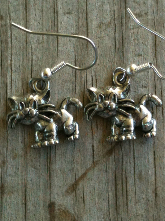 Silver Plated Pewter Cat with Huge Whiskers Earrings
