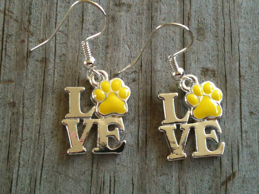 Silver Plated LOVE with Yellow Gold Hand Enameled Paw Print Earrings