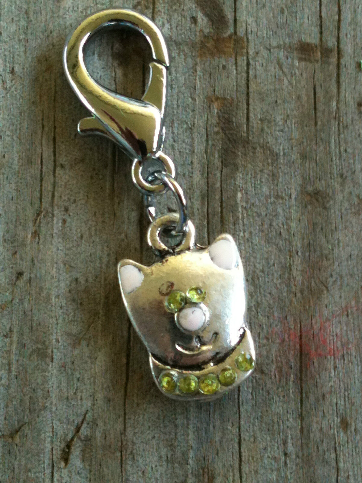 Antiqued Lead Free Silver Plated Pewter Cat with Crystals Charm / Zipper Pull