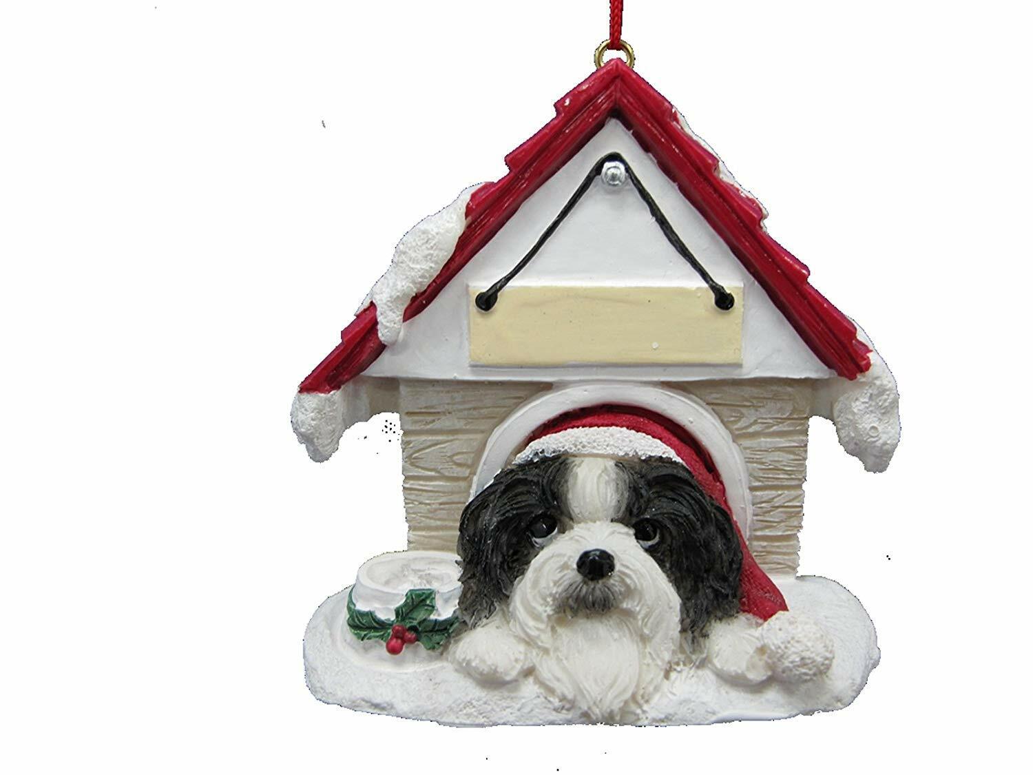Shih Tzu Black & White Doghouse Ornament Hand Painted Easily Personalized