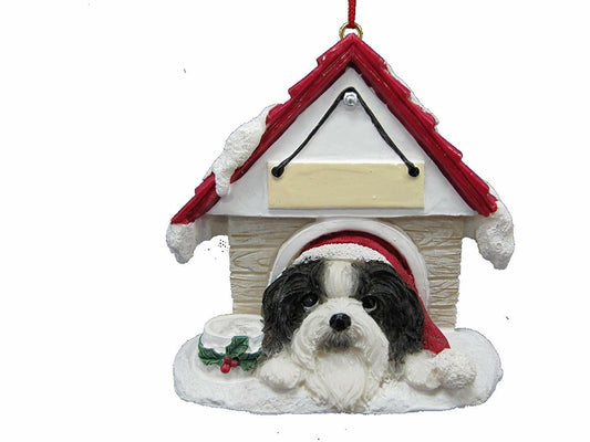 Shih Tzu Black & White Doghouse Ornament Hand Painted Easily Personalized