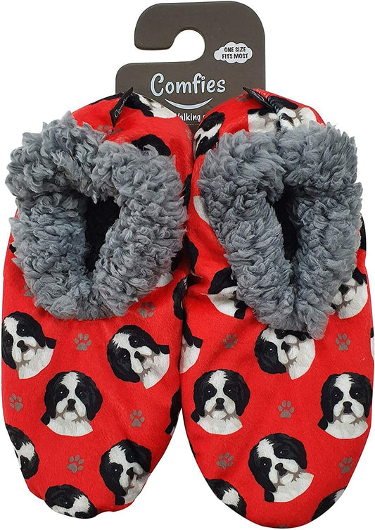 Comfies Womens Black White Shih Tzu Slippers - Sherpa Lined Animal Print Booties