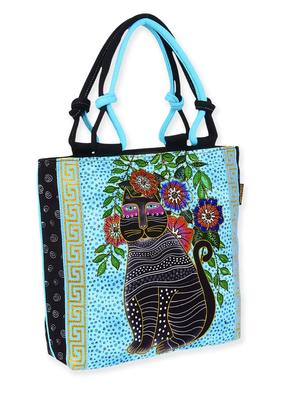 Laurel Burch Kitty Noir Black Cat with Flowers Small Tote,  10" x 2.75" x 9.75"