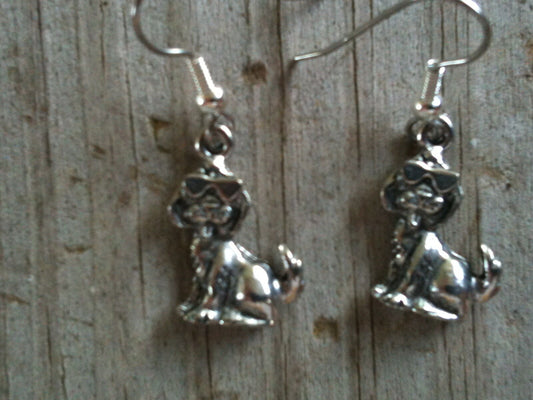 Sitting Dog with Sunglasses Silver Plated Lead Free Pewter Earrings