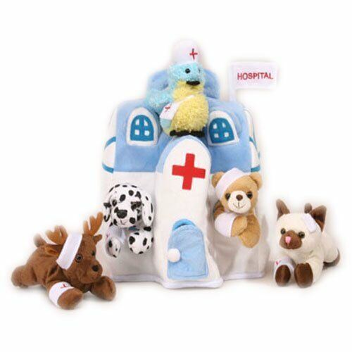 Plush Animal Hospital House & 5 Animals-(Bear, Dalmatian, Cat, Bird, Moose