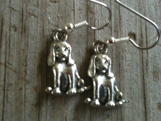 Sitting Dog with Long Ears Silver Plated Lead Free Pewter Earrings