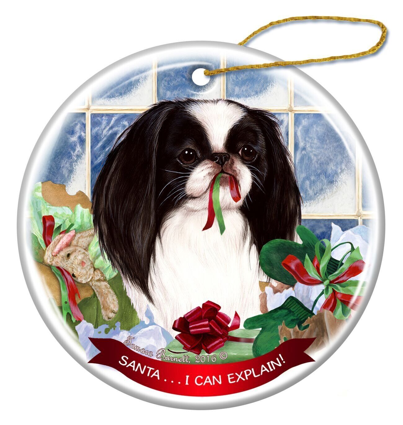 Black and White Japanese Chin Dog Porcelain Ornament 'Santa.. I Can Explain!