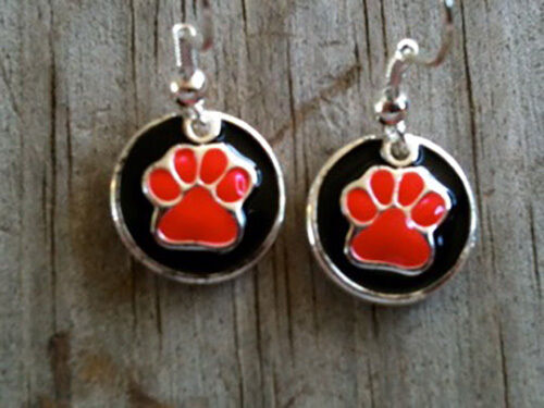 Silver Plated Red Paw Print on Black Disc Hand Enameled Earrings
