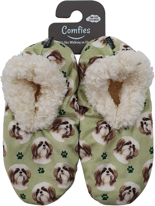 Comfies Womens Tan Shih Tzu Dog Slippers - Sherpa Lined Animal Print Booties