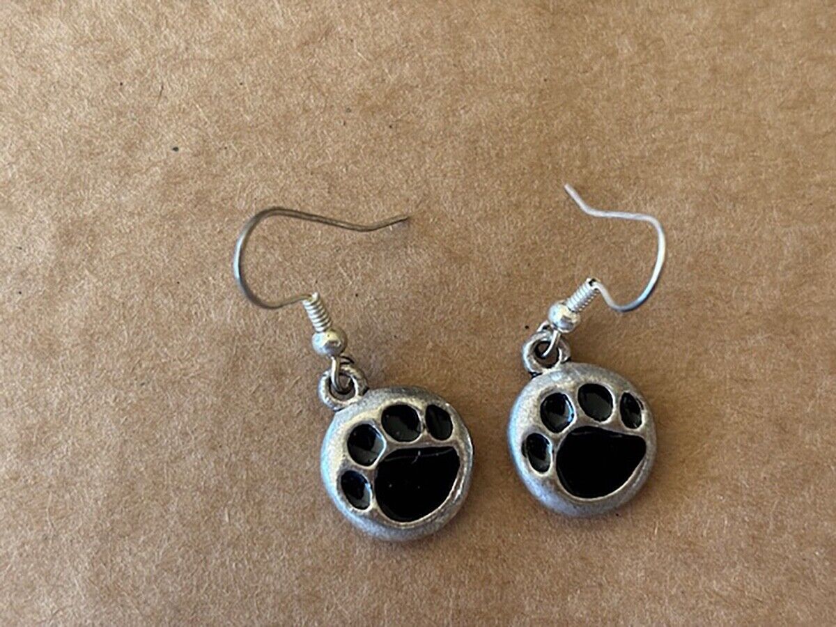 Black Enameled Paw Print Dog Cat Tiger Pewter Earrings, 1/2"