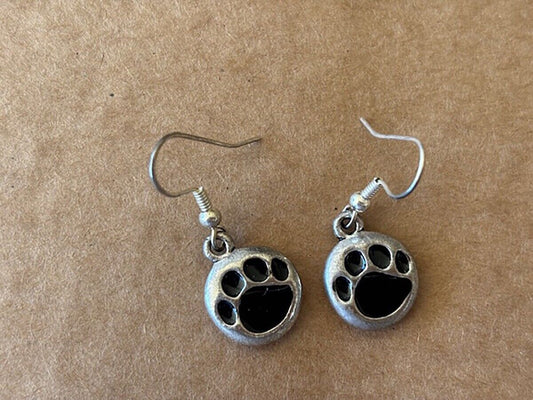 Black Enameled Paw Print Dog Cat Tiger Pewter Earrings, 1/2"