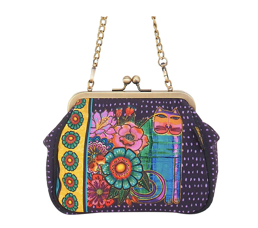 Laurel Burch Acacia Cat Clasp Purse with Shoulder Strap, 6” x 2.5” x 6”