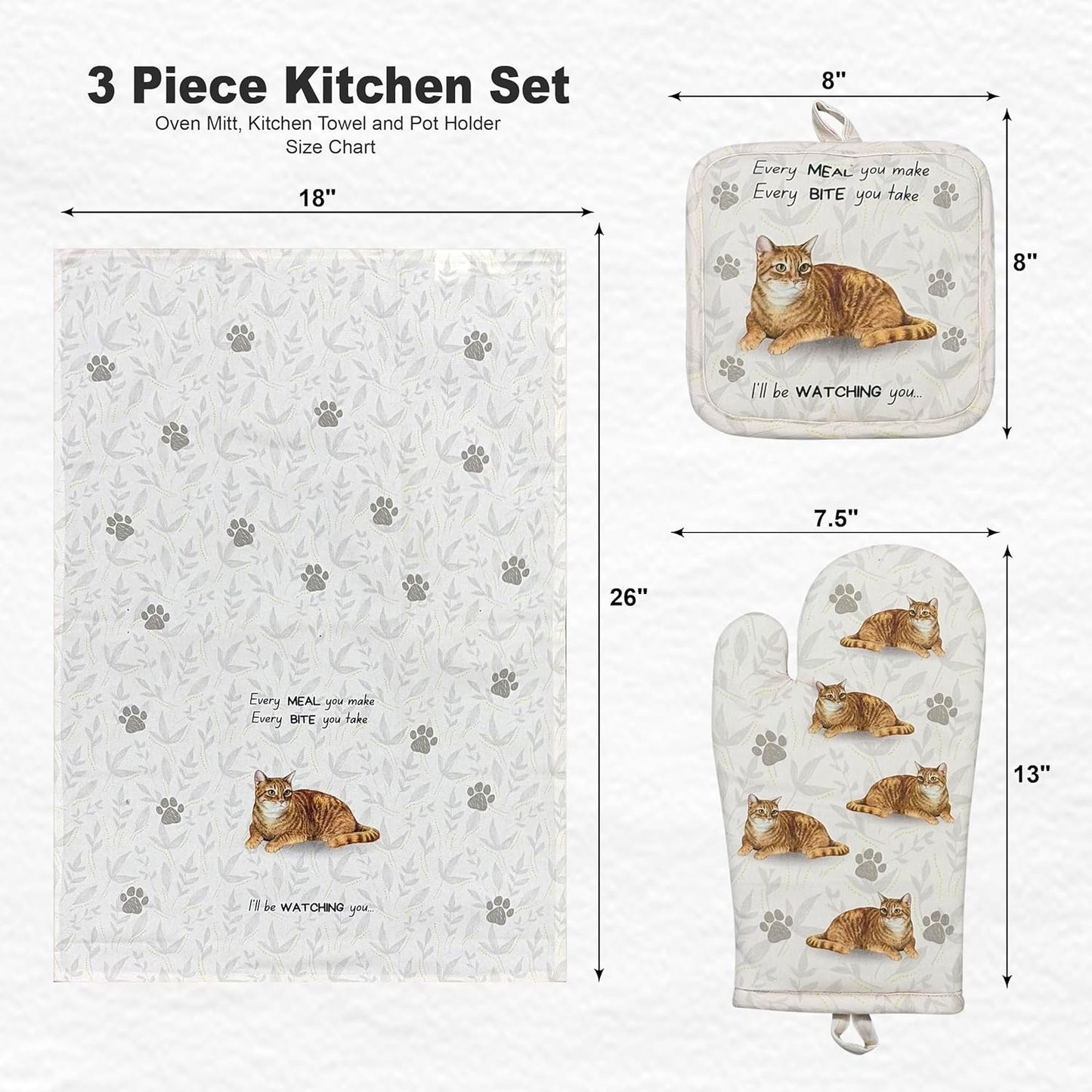 Tabby Orange cat 3-Piece Kitchen Set - Oven Mitt, Pot Holder & Kitchen Towel Set