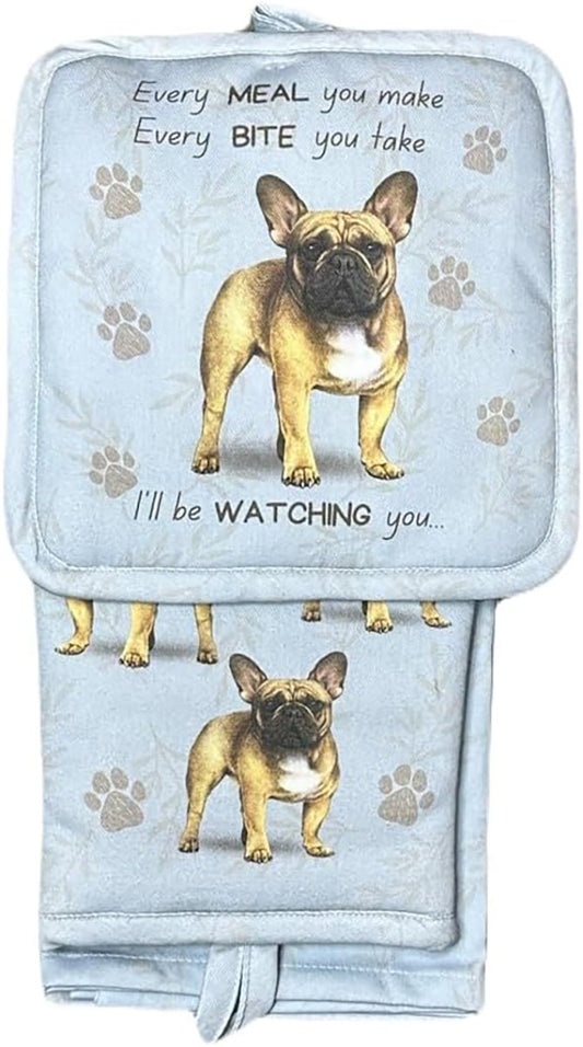 E&S Pets French Bulldog 3 Piece Kitchen Set -  Oven Mitt, Towel, Pot Holder
