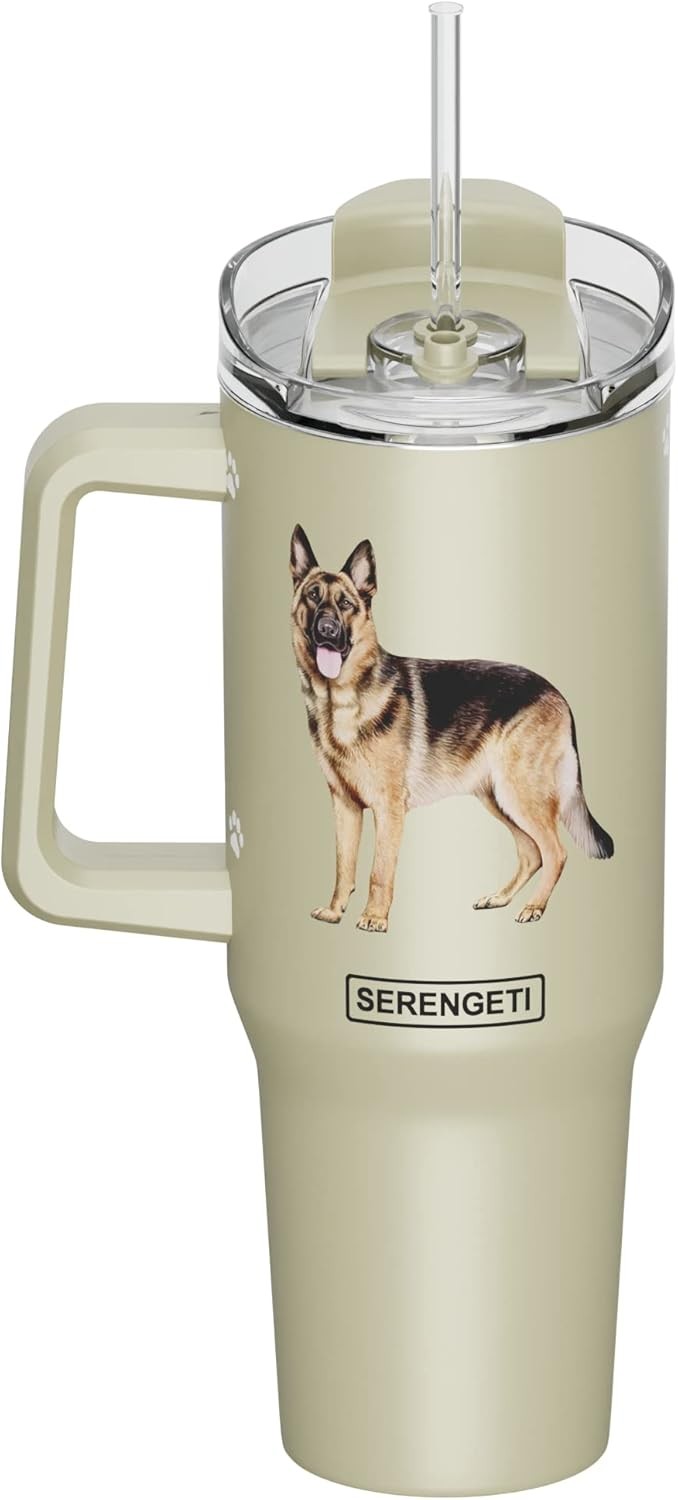 Serengeti 40 Oz German Shepherd Stainless Steel Tumbler with Handle, Straw & Lid