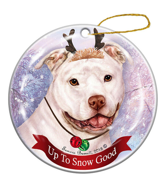 Holiday Pet Gifts White Pit Bull Uncropped Dog Porcelain Christmas Ornament