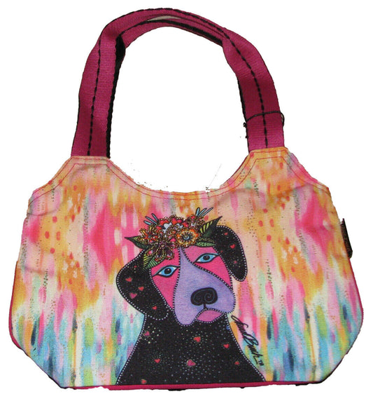 Laurel Burch Violet Puppy Dog with Flowers Small Scoop Tote Bag, 12.5”x 9.5”