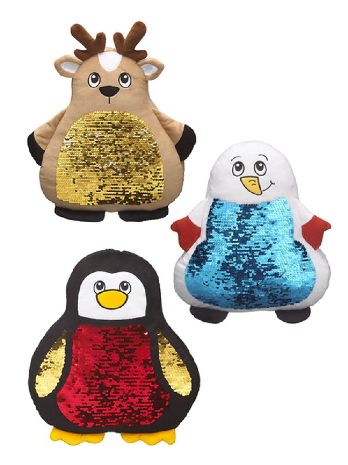 Ganz Holiday Sequin Pillows, Set of 3 - Penguin, Snowman, Reindeer 14"