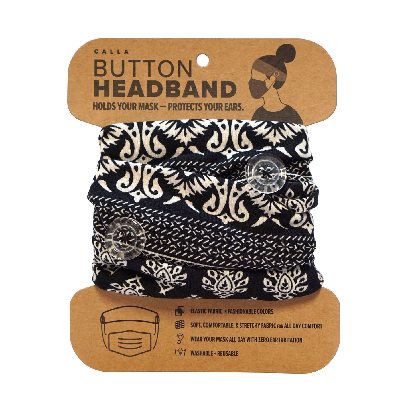 Calla Button Headband for Comfortable Wearing of Face Masks - Black Vintage