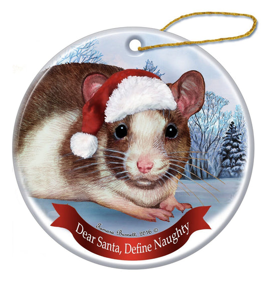Holiday Pet Gifts Brown and White Rat Santa Hat Porcelain Ornament