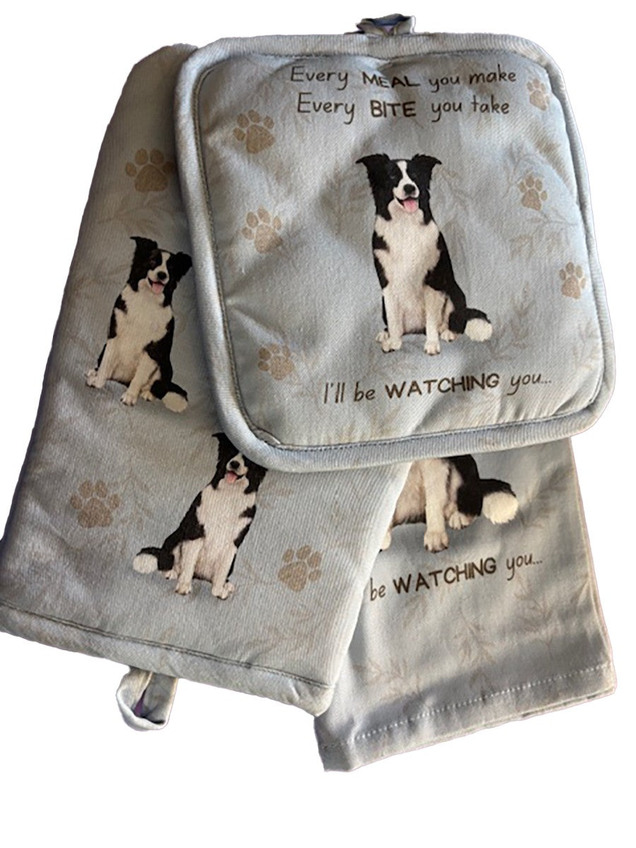 E&S Pets Border Collie 3 Piece Kitchen Set - Oven Mitt, Towel, Pot Holder
