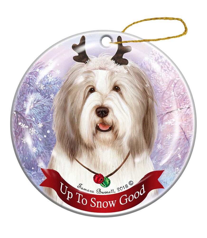 Bearded Collie Lt Liver/White Reindeer Dog Porcelain Christmas Ornament