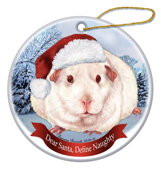 Holiday Pet Gifts Pink Eyed White Guinea Pig Santa Hat Porcelain Ornament