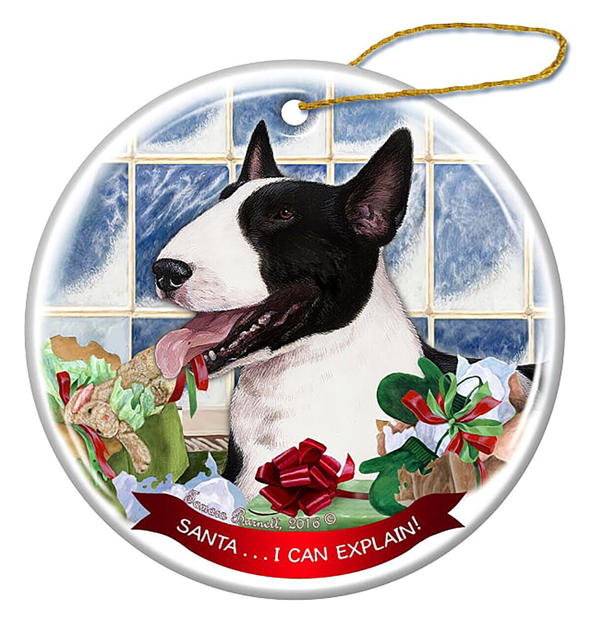 Bull Terrier Black/White Dog Porcelain Ornament Pet Santa I Can Explain