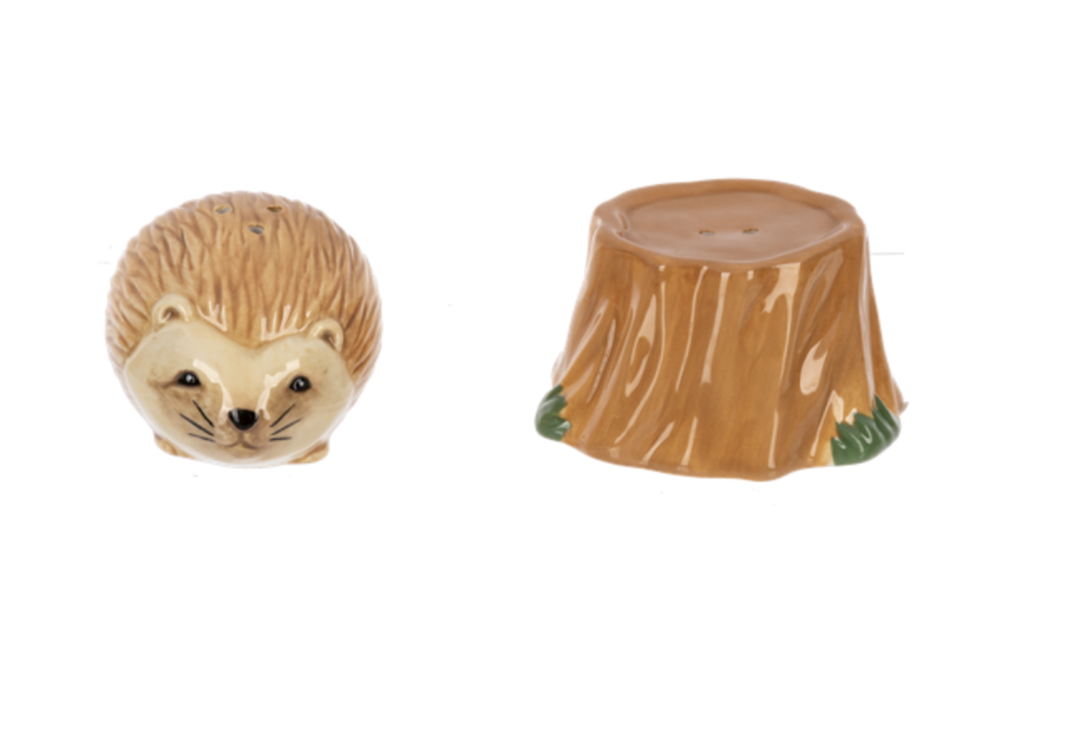 Ganz Ceramic Stacking Salt & Pepper Shaker Set, Hedgehog & Tree Trunk Stump