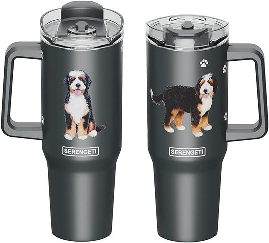 Serengeti 40 Oz Bernadoodle Dog Stainless Steel Tumbler w Handle, Straw & Lid
