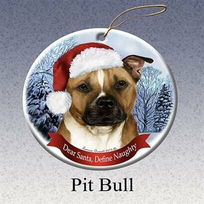 Pit Bull Dog Santa Hat Christmas Ornament Porcelain China USA-made