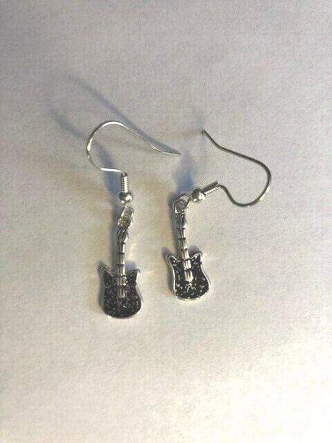 Electric Guitar Black Enamel 3D Silver Plated Lead Free Pewter Music Earrings