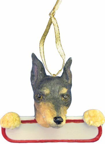 Miniature Pinscher Ornament Black and Tan "Santa's Pals" W Name Plate