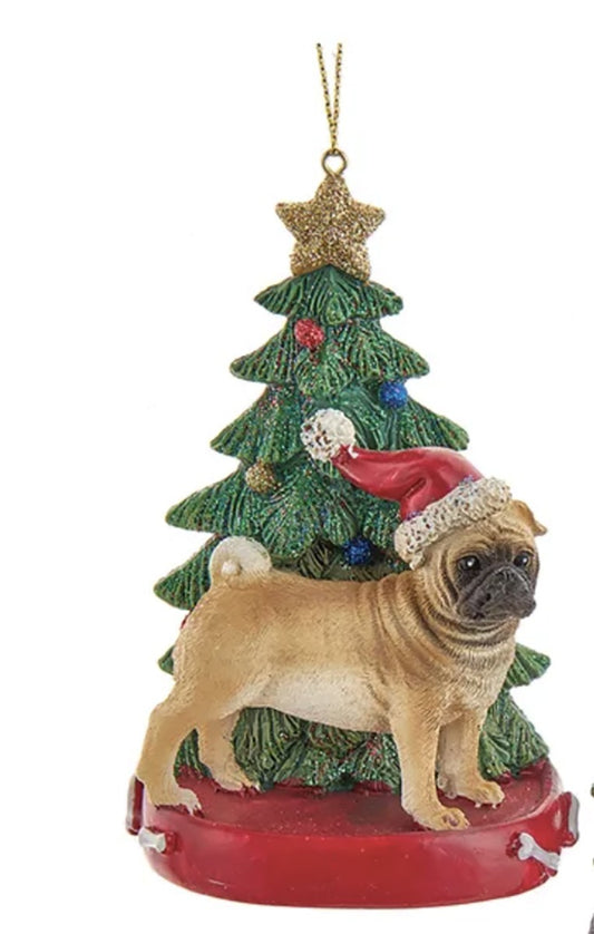Kurt Adler Tan Pug With Santa Hat Christmas Tree Ornament, 4.25 "