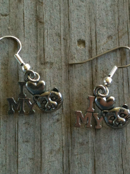 Silver Plated Pewter I Heart my Cat Earrings