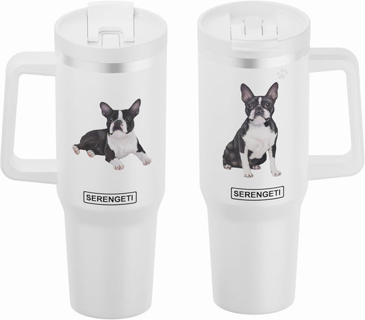 Serengeti 40 Oz Boston Terrier Dog Stainless Steel Tumbler w Handle, Straw & Lid